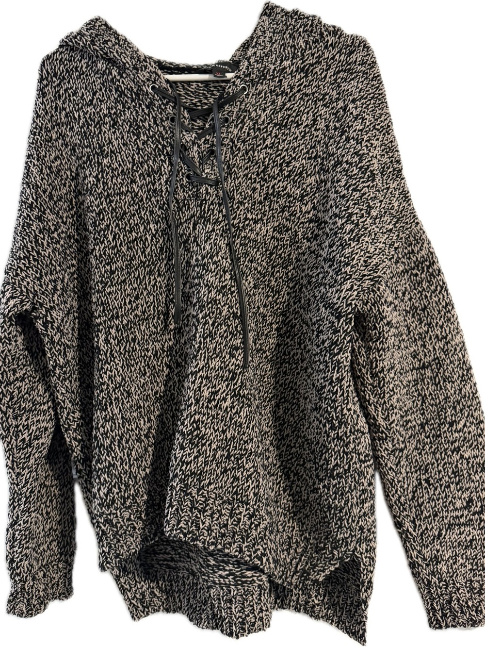 Rock & Republic Marled Black & Cream Lace-Up Hooded Sweater